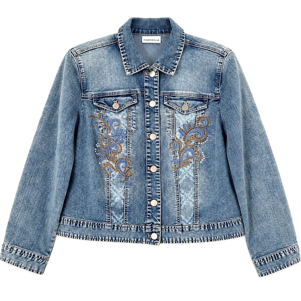 Chico's Platinum Island Scroll Denim Jacket Size 2 L Embroidered Rhinestone Y2K